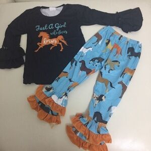 Boutique Horse Ruffle cute girl pants set